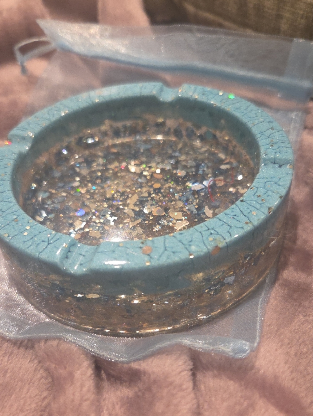 Handmade Turquoise Crackle Resin Ashtray with Gold Glitter